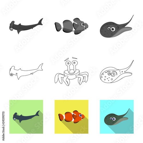 Vector illustration of sea and animal icon. Set of sea and marine stock vector illustration.