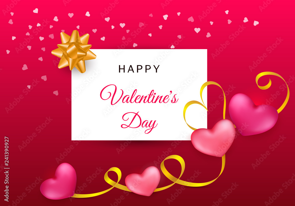 Valentines day card with couple red, pink hearts and golden ribbon on a colorful background