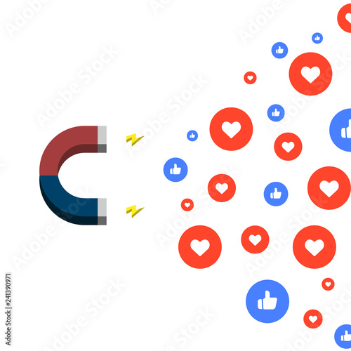 Social media concept vector illustration with magnet engaging followers and like