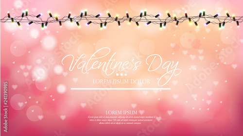 Valentine day pink background with lights Vector. Romantic banner. Invitation...