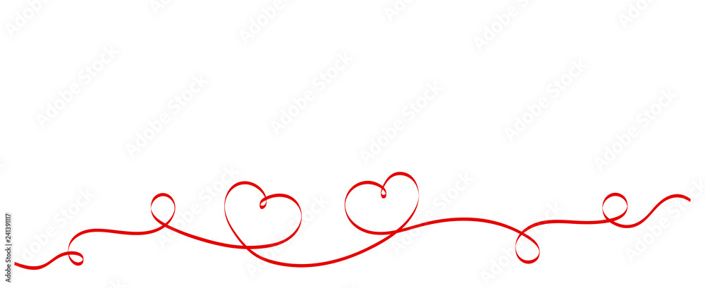 Calligraphy Red Heart Ribbon on White background. Red curved band with two hearts. Valentines day Romantic greeting card with stripes. Mother's day design. Wedding invitation card elements. Calligraphy Red Heart Ribbon on White background. Red curved band with two hearts. Valentines day Romantic greeting card with stripes. Mother's day design. Wedding invitation card elements.
