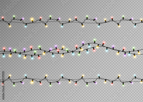 Lights garland isolated on transparent background Vector. Realistic design el...