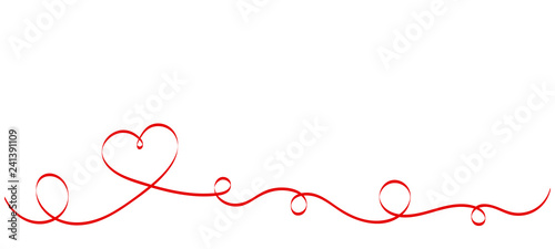 Calligraphy Red Heart Ribbon on White background. Red curved band with two hearts. Valentines day Romantic greeting card with stripes. Mother's day design. Wedding invitation card elements.