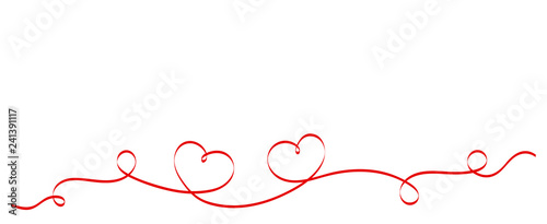 Calligraphy Red Heart Ribbon on White background. Red curved band with two hearts. Valentines day Romantic greeting card with stripes.  Mother's day design. Wedding invitation card elements.