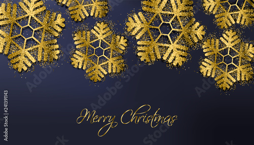 Merry Christmas golden glitter snowflakes Vector. Sparkling winter holidays card. 3d realistic texture. Invitation card. Party banners