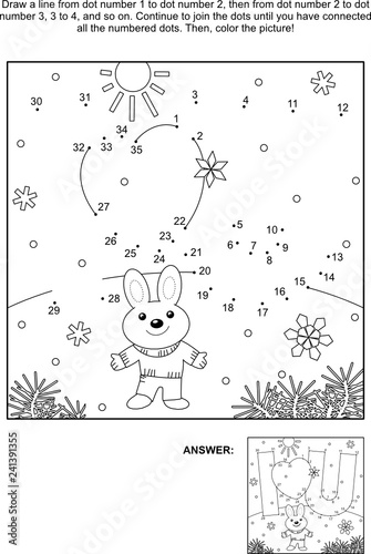 Valentine's Day themed connect the dots picture puzzle and coloring page with I Love You hidden message and little cute hare or bunny. Answer included.
