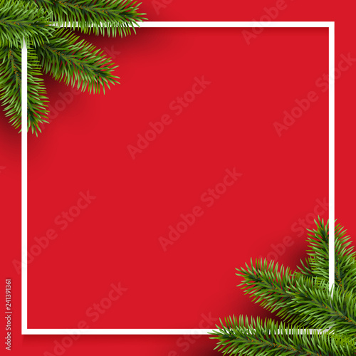 Vector christmas square frame with pine branches in the corners on red background with space for design. - Illustration