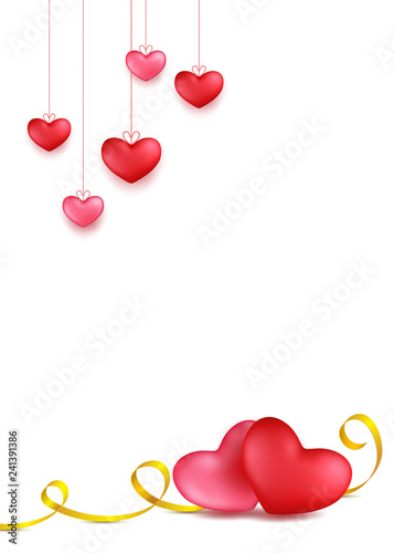 Couple hearts with golden calligraphy stripe. Hanging red, rose heart. Valentines day greeting card design in 3d style on white background. .Mother day gift banner for celebration decoration design.