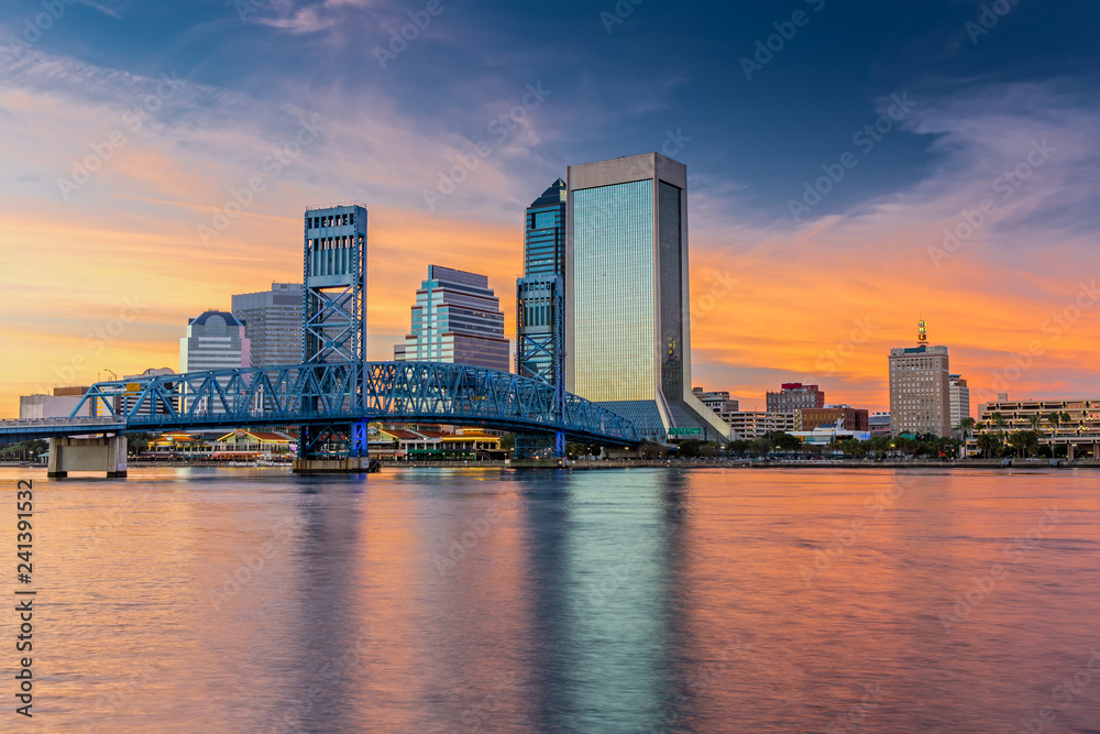 Skyline of Jacksonville, FL and Main Street Bridge at Dusk Skyline of Jacksonville, FL and Main Street Bridge at Dusk