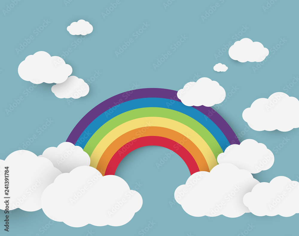 Vector illustration of rainbow on the blue sky with clouds. - Illustration Vector illustration of rainbow on the blue sky with clouds. - Illustration