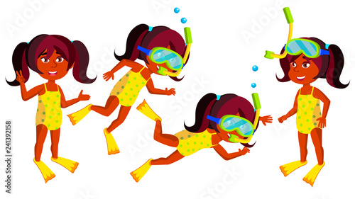 Indian Girl Kindergarten Kid Set Vector. Hindu. Swimmer, Diver. Ocean Depth, Under Water. Undressed. Happy Children. Babysitting. For Advertisement, Greeting Design. Isolated Illustration