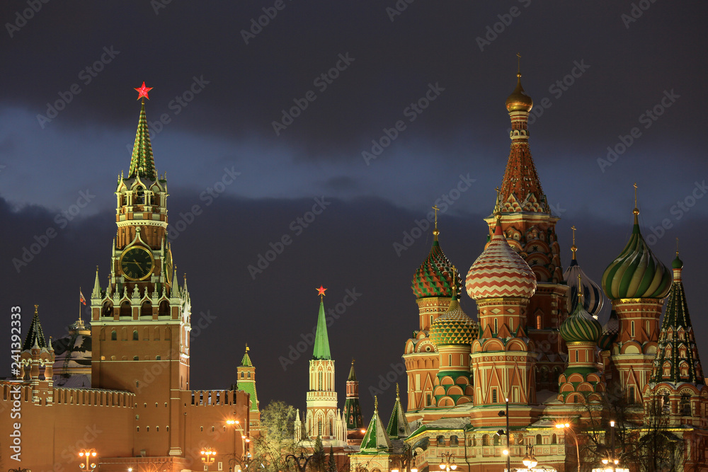 Moscow, Russia. Beautiful evening view of St. Basil’s Cathedral, Spasskaya Tower of the Moscow Kremlin and Red Square