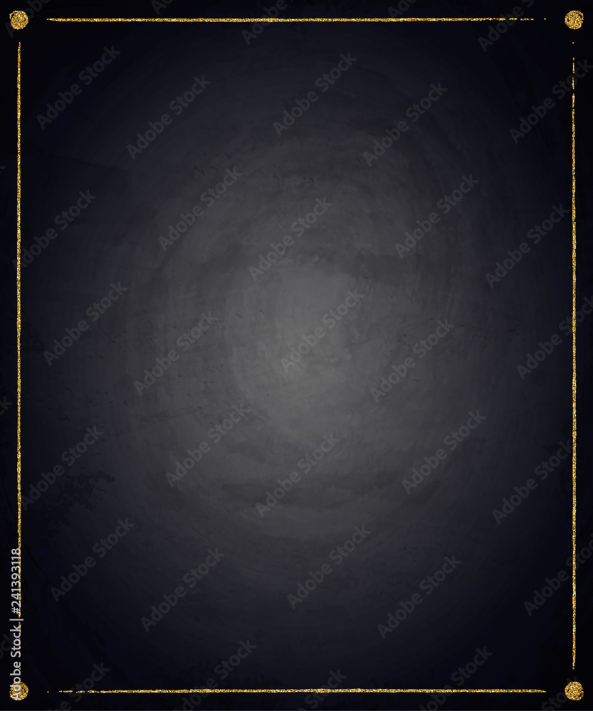 Template for business greeting offer card. Gold shining frame on blackboard