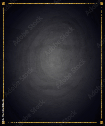 Template for business greeting offer card. Gold shining frame on blackboard