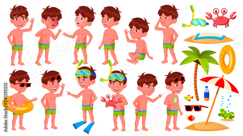 Boy Kindergarten Kid Poses Set Vector. Preschool, Childhood. Smile. Undressed. Summer Vacation. Water Park, Pool, Beach. For Web, Poster, Booklet Design. Isolated Cartoon Illustration
