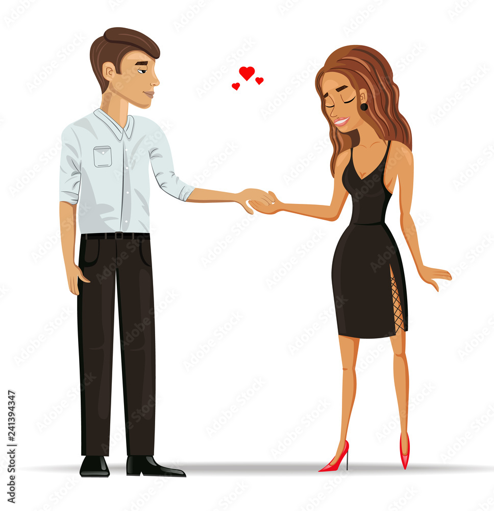 Man and woman in love holding hands Vector. Romantic couple detailed cartoon characters. Valentine day couples Man and woman in love holding hands Vector. Romantic couple detailed cartoon characters. Valentine day couples
