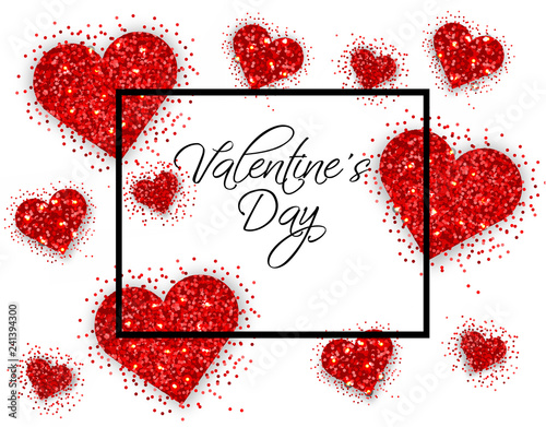 Red glitter hearts Valentine day card Vector. Romantic banner. Invitation car...