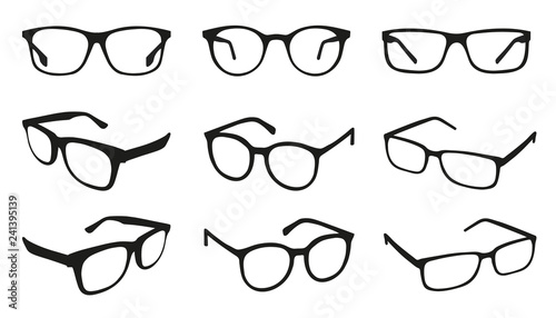 Glasses Icons - Different Angle View - Black Vector Illustration Set - Isolated On White Background