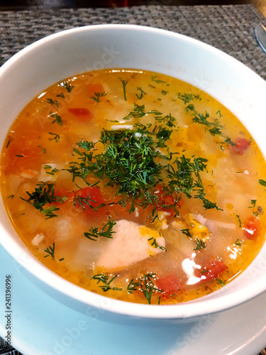 Salmon soup. European cuisine.