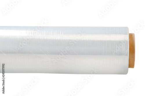 A roll of a clear stretch polyethylene sheeting isolated at the white background.
