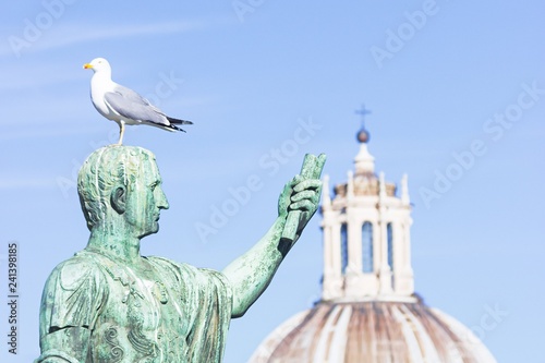 Statue of emperor Caesar Nervae August with gull on the head. Man taking selfie. Humor concept