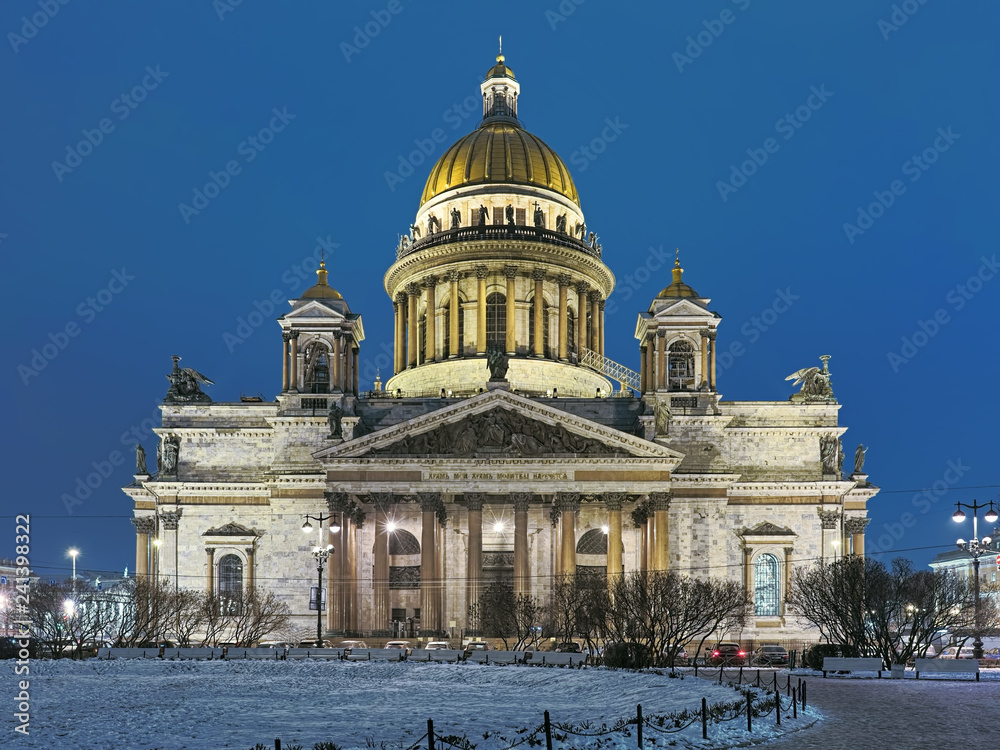 Saint Isaac's Cathedral in Saint Petersburg in winter morning, Russia. The cathedral was built in 1818-1858. Text on the frieze reads: My house shall be called a house of prayer.
