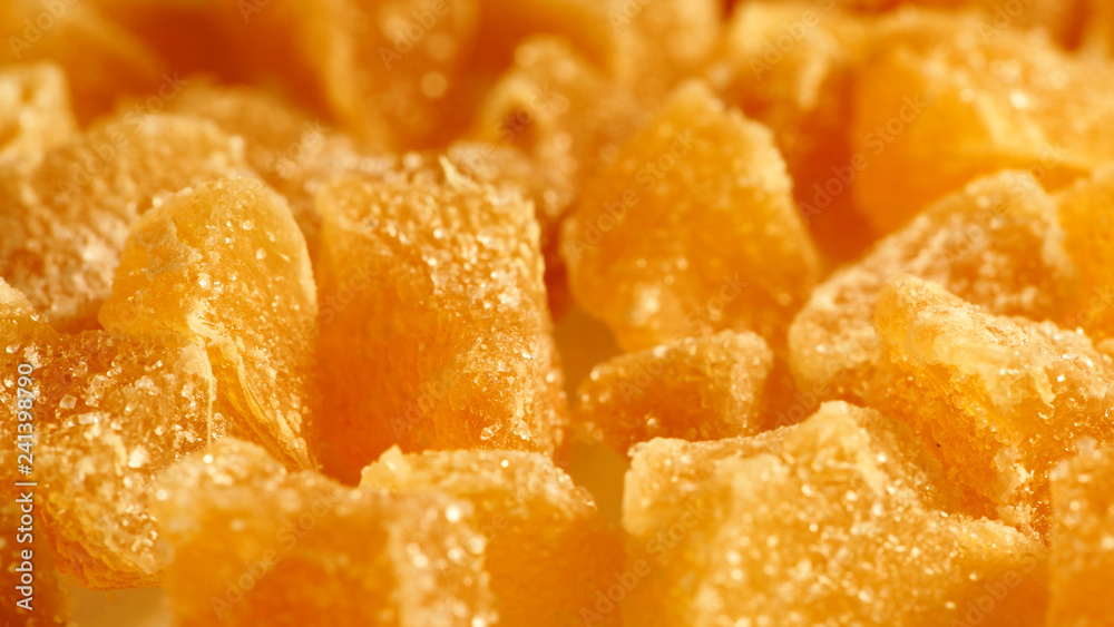 Crystallized candied ginger pieces close up Crystallized candied ginger pieces close up