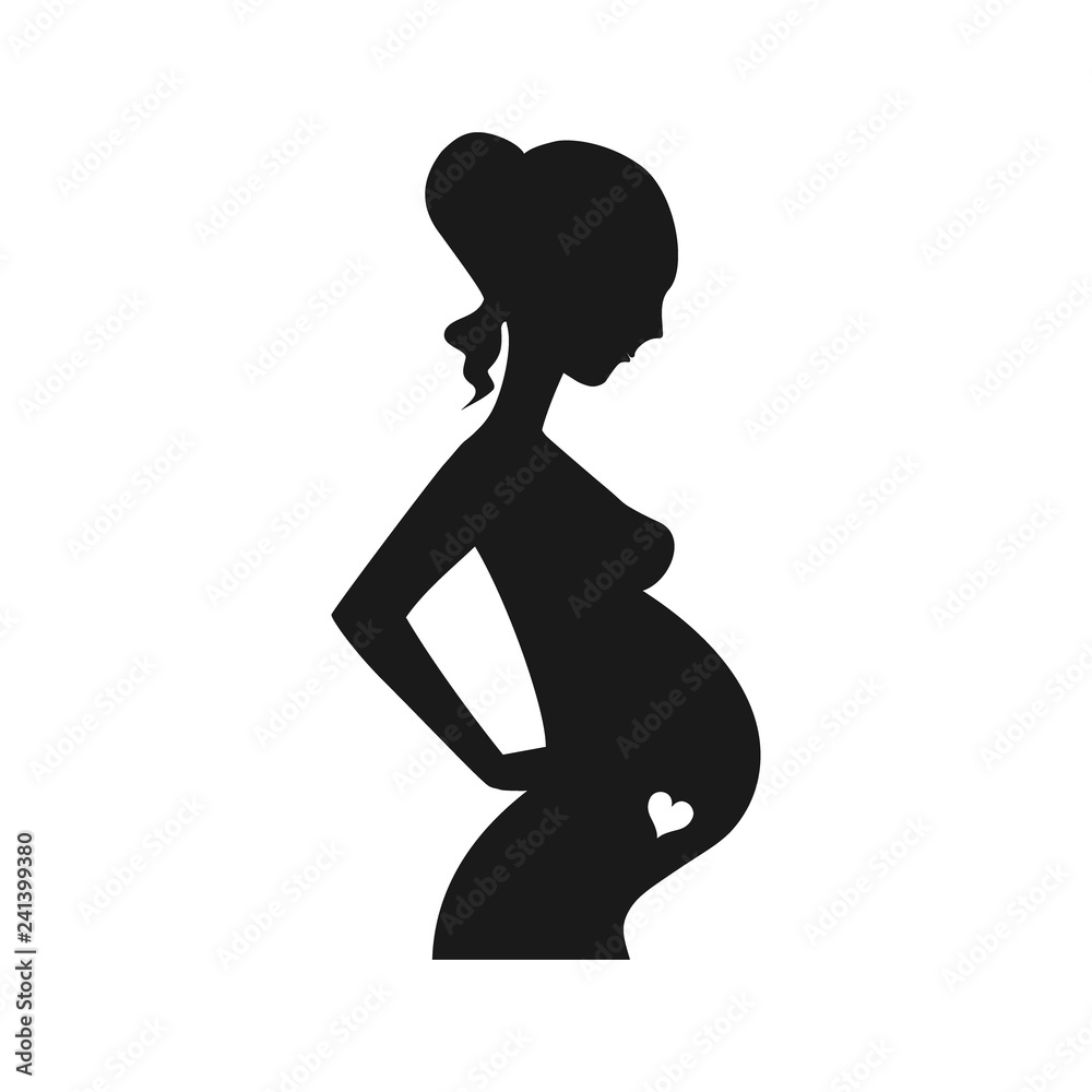 Pregnant woman black silhouette with heart belly vector design. Pregnant woman figure, maternity care with love concept.