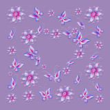 Heart of butterflies and flowers. Greeting. The background is lilac. Design for greetings, cards, posters, banners.