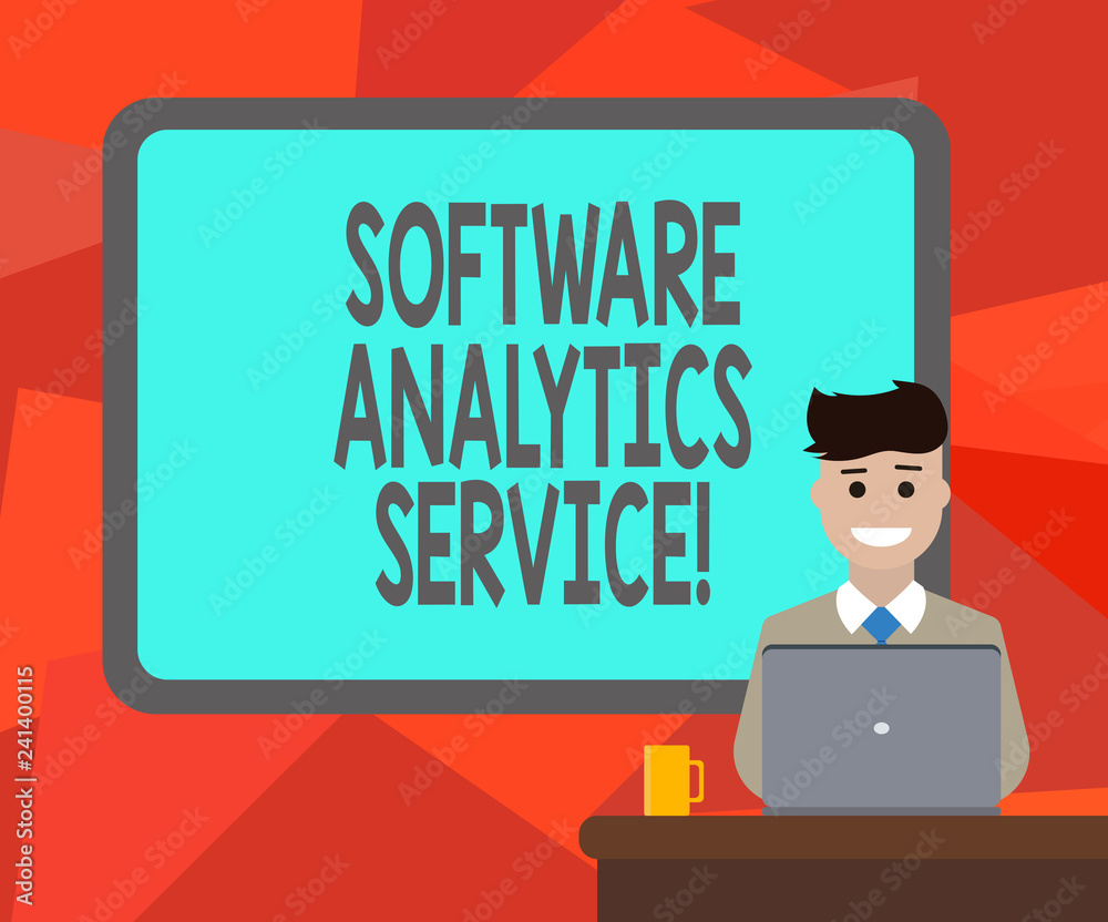 Word writing text Software Analytics Service. Business concept for Used to enhance operations and generate revenue Blank Bordered Board behind Man Sitting Smiling with Laptop Mug on Desk Word writing text Software Analytics Service. Business concept for Used to enhance operations and generate revenue Blank Bordered Board behind Man Sitting Smiling with Laptop Mug on Desk