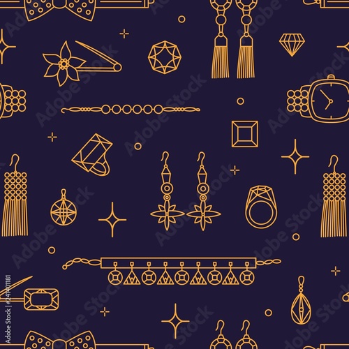 Seamless pattern with stylish luxury jewelry items drawn with contour lines on dark background - earrings, ring, necklace, bracelet, precious stones, wristwatch. Vector illustration in linear style.
