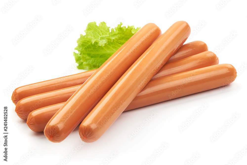 Fresh Boiled Sausages with lettuce, close-up, isolated on a white background Fresh Boiled Sausages with lettuce, close-up, isolated on a white background
