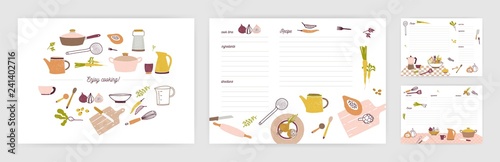 Bundle of recipe card templates for making notes about preparation of food and cooking ingredients. Clean cookbook pages decorated with colorful kitchen utensils and vegetables. Vector illustration.