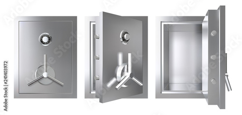 Realistic metal safe with opened and closed door. Armored box vector illustration.