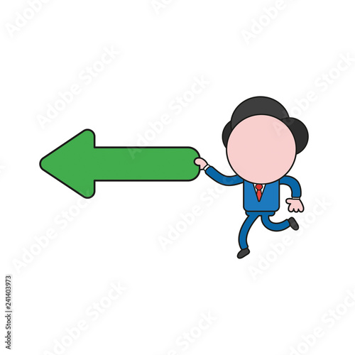 Vector illustration of businessman character running and holding arrow pointing left. Color and black outlines.