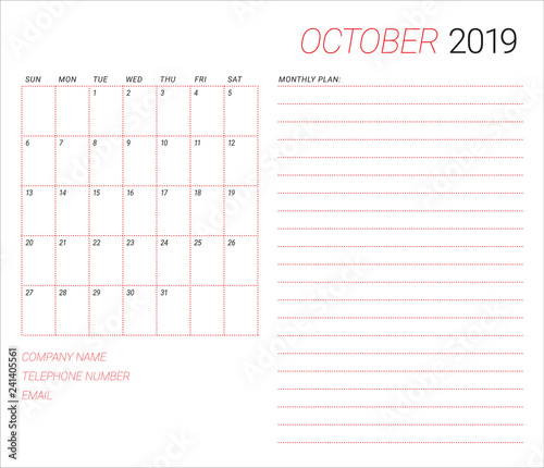 October 2019 desk calendar vector illustration