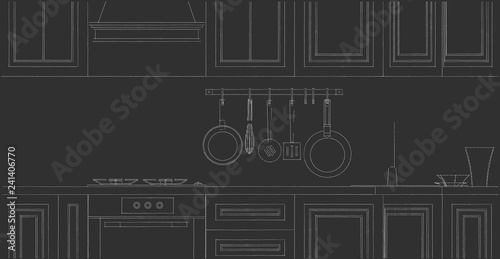 Sketch of a kitchen counter with utensils hanging rack on a black background. Front view.