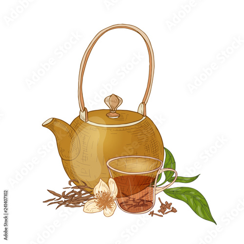 Elegant composition with teapot, cup of black tea, cloves and vanilla flowers and leaves isolated on white background