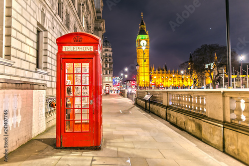Palace of Westminster in London with the Telephone Booth at Night