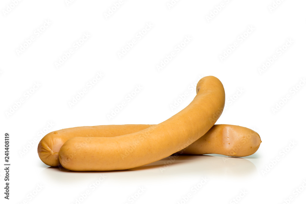 Two sausages set against white background Two sausages set against white background