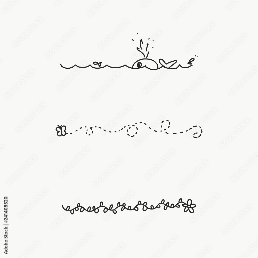 Vector of some banners, buntings, borders and dividers for your notes or whatever you want done by hand. Shaped like a whale in the sea and fish jumping. A butterfly and a flower