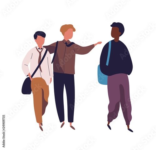 Group of teenage boys isolated on white background. Male students, pupils, classmates or school friends walking together and talking to each other. Colorful vector illustration in modern flat style. photo