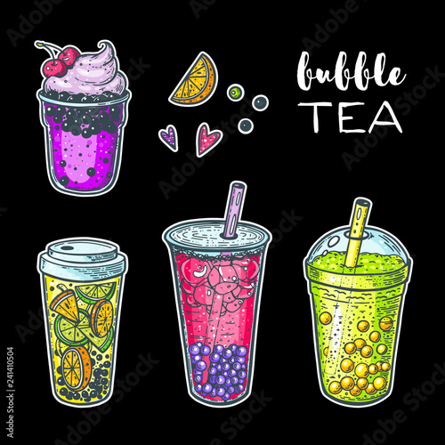 Bubble tea hand drawn illustration. Cocktail collection. Bubble tea vector illustration. Drink set. Design template.