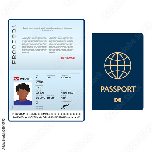 Opened international passport template with blue cover, personal data page with man photo, official document, vector illustration