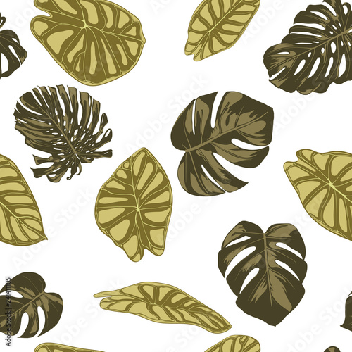 Tropical Leaves. Seamless Pattern with Hand Drawn Leaves of Monstera and Alocasia. Exotic Rapport for Textile, Fabric. Vector Seamless Background with Tropic Plants. Jungle Foliage. Watercolor Effect.