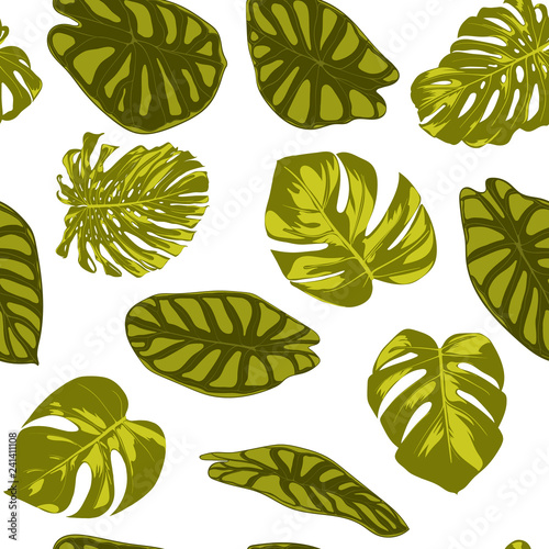 Tropical Leaves. Seamless Pattern with Hand Drawn Leaves of Monstera and Alocasia. Exotic Rapport for Textile, Fabric. Vector Seamless Background with Tropic Plants. Jungle Foliage. Watercolor Effect.