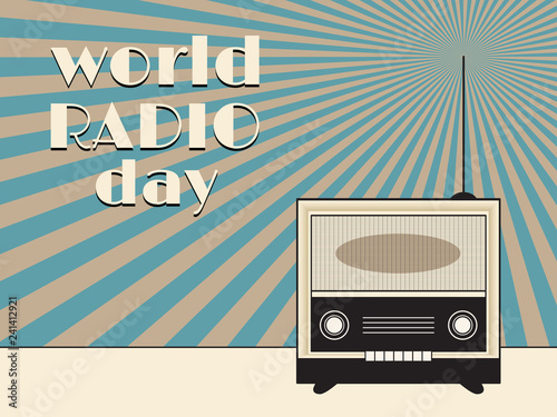 World Radio Day. Old style radio with retro background on table. Vector illustration.