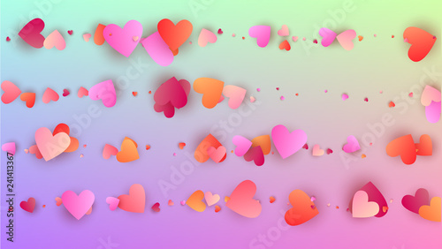 Wedding Background. Heart Confetti Pattern. Poster Template. Many Random Falling Red Hearts on Hologram Backdrop. Vector Wedding Background.
