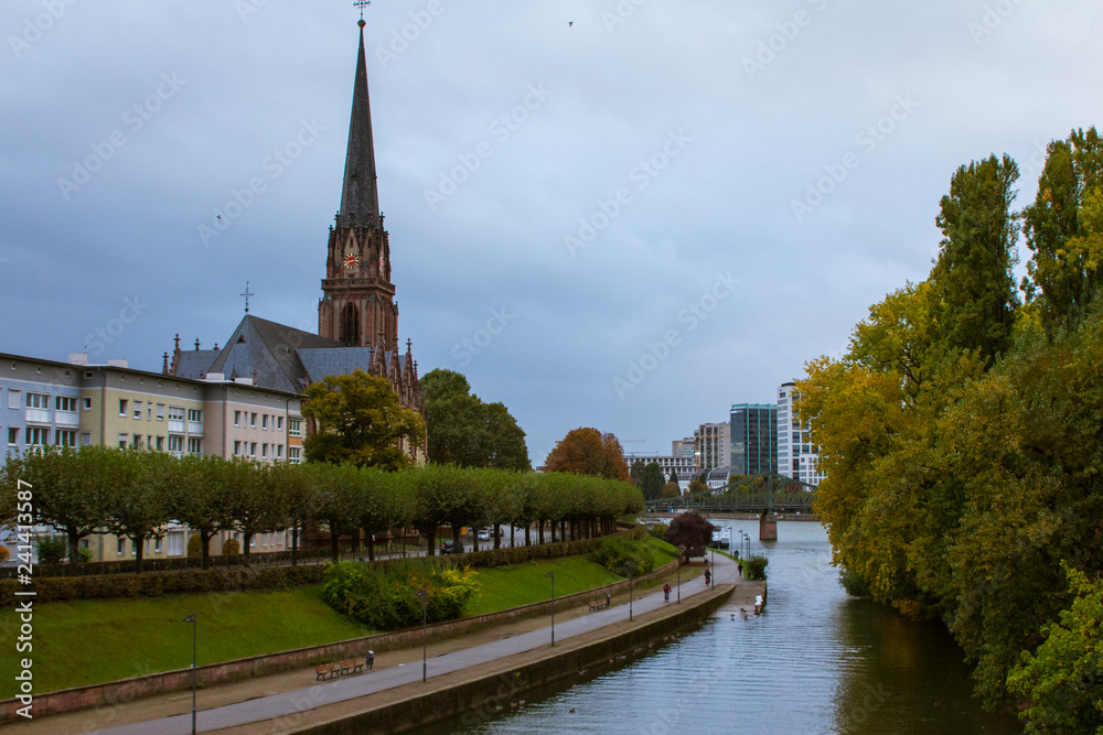 Church of the Three Kings is a Lutheran parish church in Frankfurt. It is located on the bank of the Main river at morning . Germany
