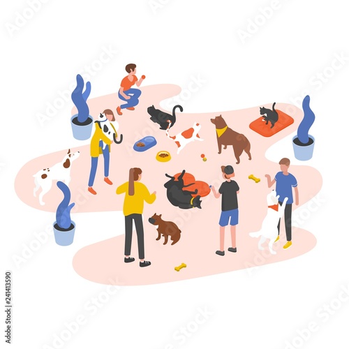 Group of people or volunteers feeding pets and playing with them in animal shelter, pound, rehabilitation or adoption center for stray and homeless cats and dogs. Isometric vector illustration.